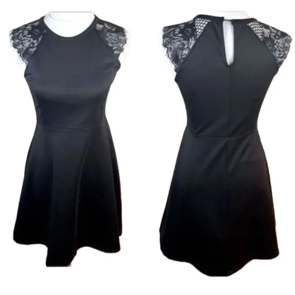 Anthropologie Elodie Fit & Flare Black Dress w/ Lace Floral Sleeves (Small) - Picture 2 of 16